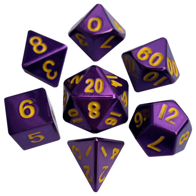 Purple with Gold 16mm Metal Polyhedral Dice Set - Boardlandia