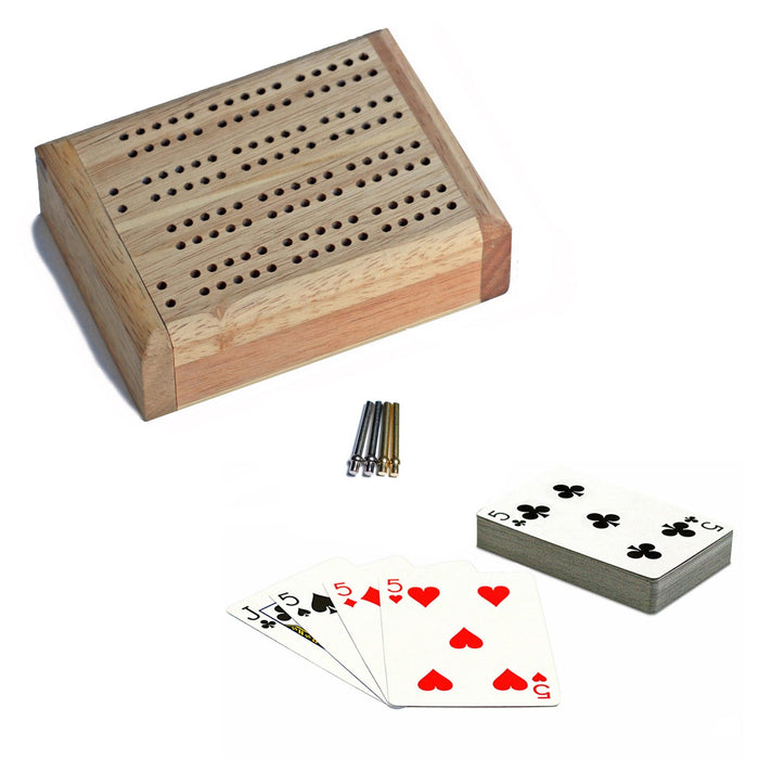Mini Travel Cribbage Set, Solid Wood 2 Track Board with Swivel Top and Storage for Cards and Metal Pegs (3352) - Boardlandia