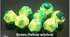 D6--16Mm Gemini Dice Green-Yellow With Silver; 12 Ct - Boardlandia