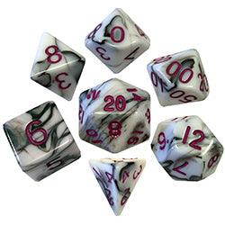 7 Count Dice set - 16 mm Marble with Purple Numbers (1037) - Boardlandia