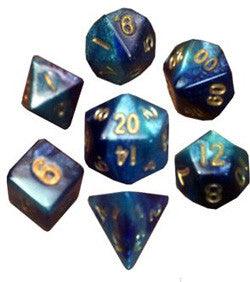 7 Count Mini Dice Poly Set - Light Blue And Dark Blue With Gold Numbers - Boardlandia