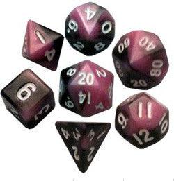 7 Count Mini Dice Poly Set - Pink And Black With White Numbers - Boardlandia