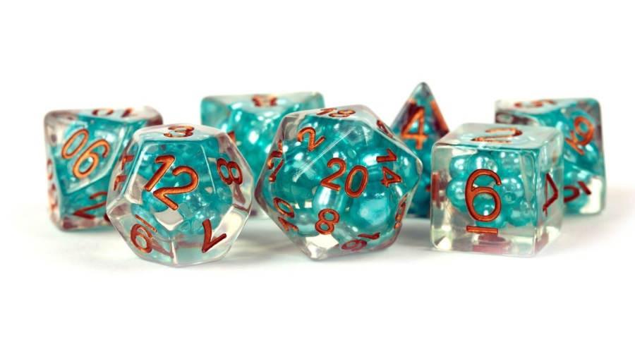 7 Count Dice Poly Set: Resin Pearl Teal with Copper - Boardlandia