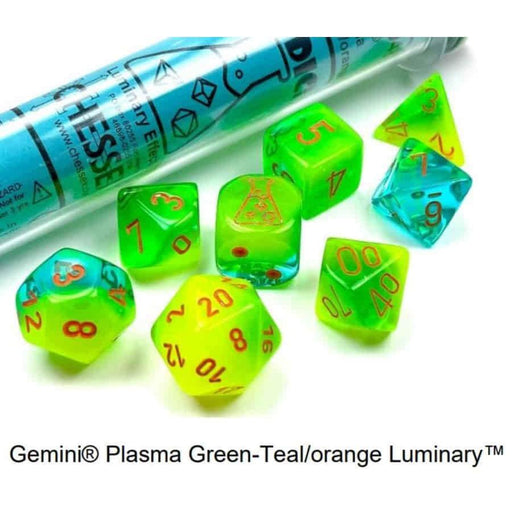 7ct Lab Dice (Series 5) - Gemini (Luminary) Plasma Green-Teal/Orange - Boardlandia