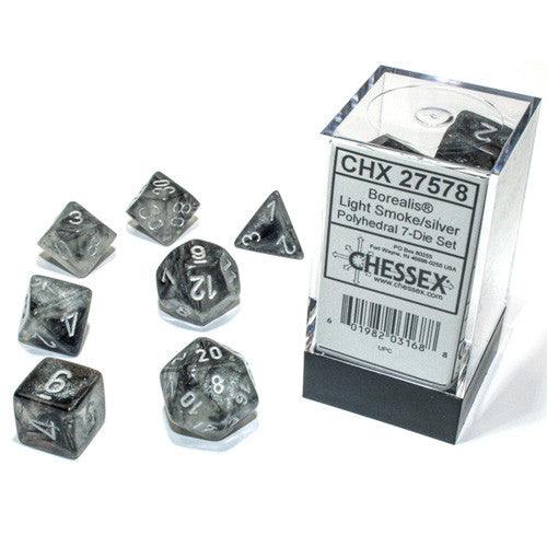 Borealis Luminary - Light Smoke/Silver - 7ct Polyhedral Dice Set - Boardlandia