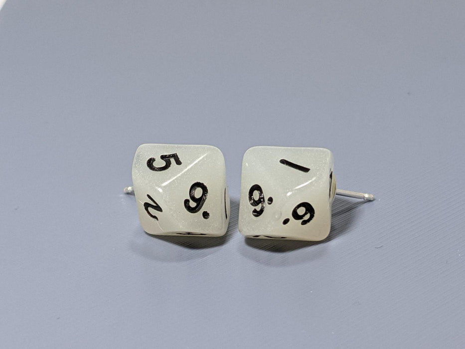 Mini Dice Earrings: D10 (1's) Posts - Glow in the Dark (White) - Boardlandia