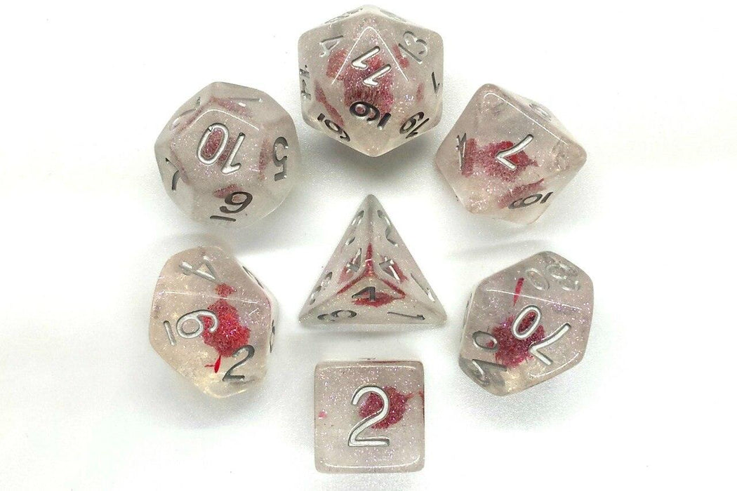 Old School 7 Piece DnD RPG Dice Set: Infused - Iridescent Red Flower - Boardlandia