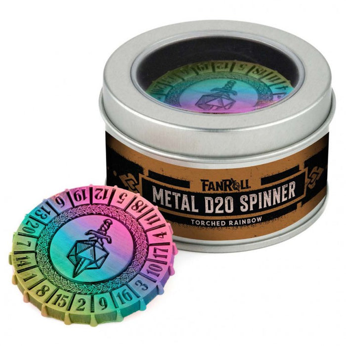 Metal d20 Spinner: Torched Rainbow