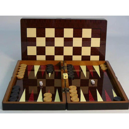Backgammon - Woodgrain Decoupage Backgammon with Chessboard Back, 15" - Boardlandia