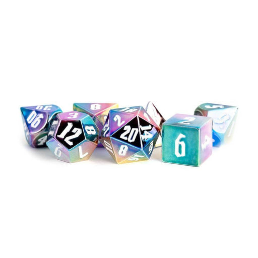 7 Count Aluminum-Plated Acrylic-Metal Dice 16MM: Rainbow Aegis With White Numbers - Boardlandia