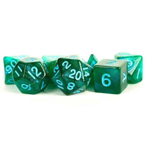 7 Count Dice Poly Set 16mm: Stardust Green w/ Blue Numbers - Boardlandia