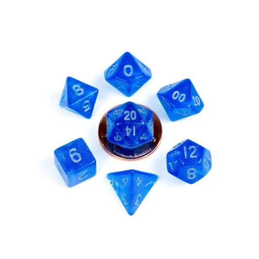 7 Count Dice Poly Set 16mm: Stardust Blue w/ Silver Numbers - Boardlandia