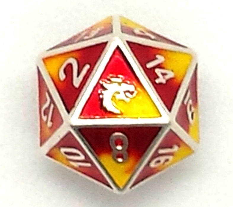 Old School DnD RPG D20 Metal Dice: Dragon Forged - Platinum Red & Yellow - Boardlandia