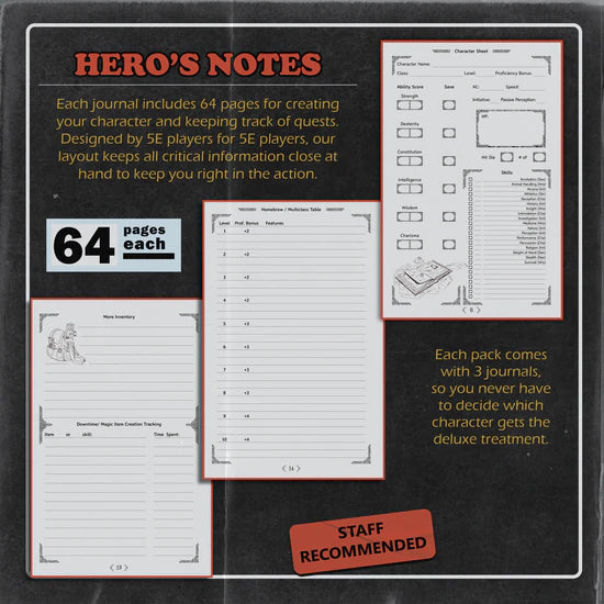 Dungeon Notes Hero's Journals 3 Pack - Black - Boardlandia